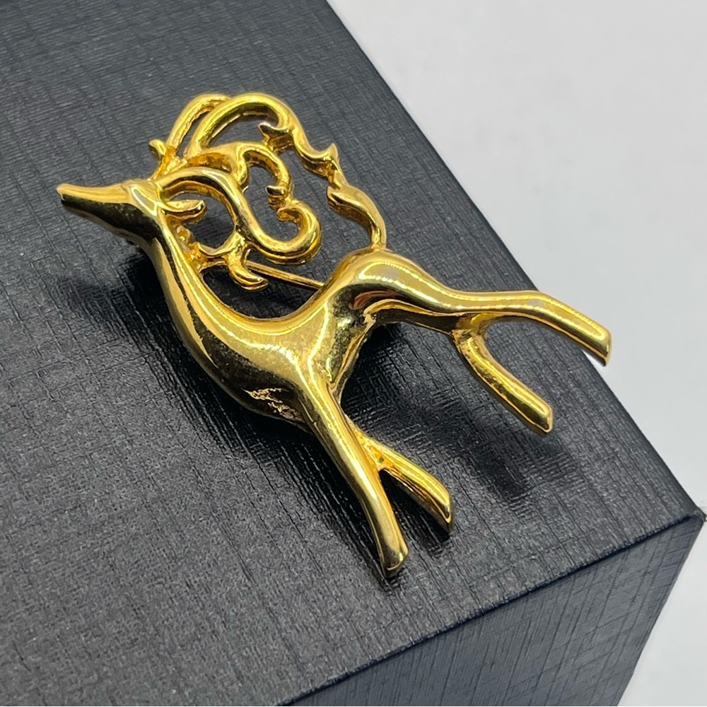 Golden Reindeer Holiday Antler Brooch Pin 1.5"